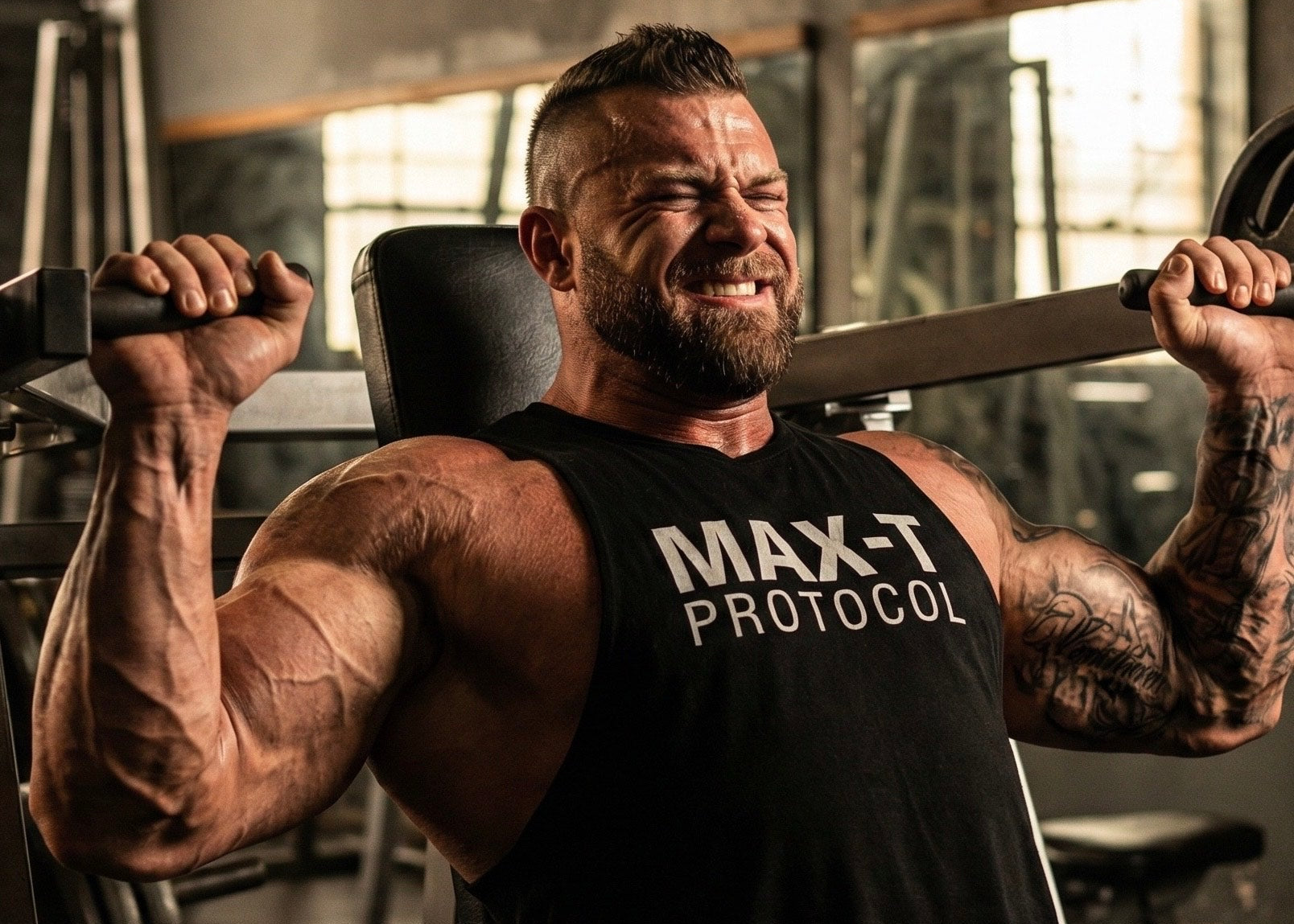 Man in a gym wearing a 'MAX-T Protocol' tank top, flexing his muscles.